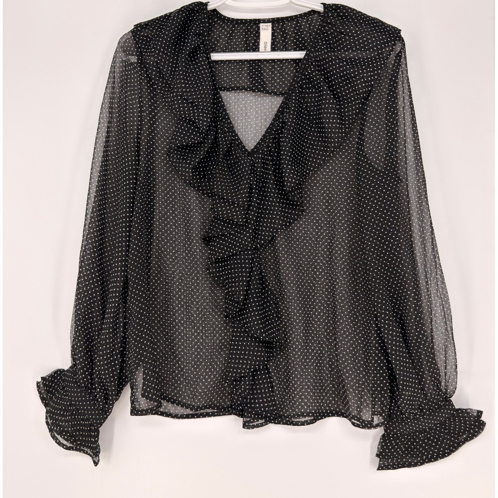 MNG Blouse Women XS Black Polka Dot Ruffle V-Neck Sheer Victorian Romantic Retro